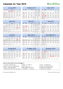 Calendar Horizintal Grid Sun Sat Bank Holiday Uk A4 Portrait 2019