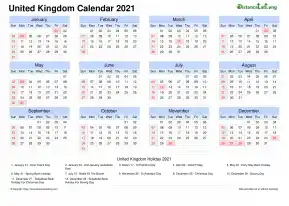 Calendar Horizintal Grid Sun Sat Bank Holiday United Kingdom Landscape 2021