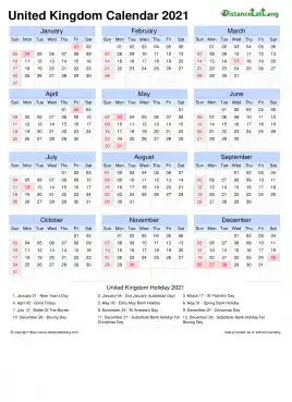 Calendar Horizintal Grid Sun Sat Bank Holiday United Kingdom Portrait 2021