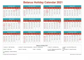 Calendar Horizintal Grid Sun Sat Belarus Holiday Cheerful Bright Landscape 2021