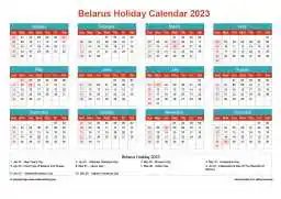 Calendar Horizintal Grid Sun Sat Belarus Holiday Cheerful Bright Landscape 2023