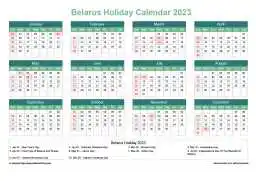 Calendar Horizintal Grid Sun Sat Belarus Holiday Watery Blue Landscape 2023