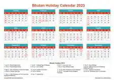Calendar Horizintal Grid Sun Sat Bhutan Holiday Cheerful Bright Landscape 2023