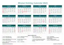 Calendar Horizintal Grid Sun Sat Bhutan Holiday Cool Blue Landscape 2023