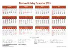 Calendar Horizintal Grid Sun Sat Bhutan Holiday Earth Landscape 2023