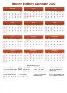 Calendar Horizintal Grid Sun Sat Bhutan Holiday Earth Portrait 2022