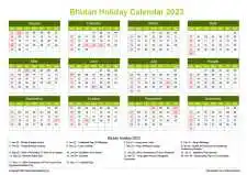 Calendar Horizintal Grid Sun Sat Bhutan Holiday Natural Landscape 2023