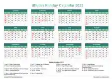 Calendar Horizintal Grid Sun Sat Bhutan Holiday Watery Blue Landscape 2023