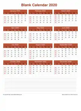 Calendar Horizintal Grid Sun Sat Blank With Note Bottom Earthy Portrait 2020