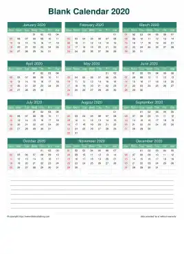 Calendar Horizintal Grid Sun Sat Blank With Note Bottom Watery Blue Portrait 2020