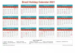 Calendar Horizintal Grid Sun Sat Brazil Holiday Cheerful Bright Landscape 2021