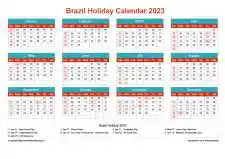 Calendar Horizintal Grid Sun Sat Brazil Holiday Cheerful Bright Landscape 2023