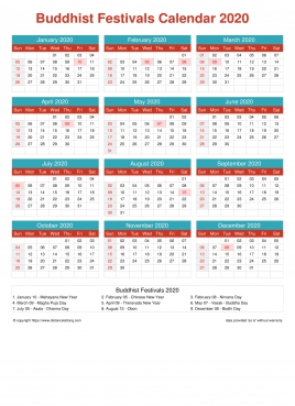 Calendar Horizintal Grid Sun Sat Buddhist Holiday A4 Cheerful Bright 2020