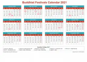 Calendar Horizintal Grid Sun Sat Buddhist Holiday A4 Landscape Cheerful Bright 2021