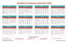 Calendar Horizintal Grid Sun Sat Buddhist Holiday A4 Landscape Cheerful Bright 2023