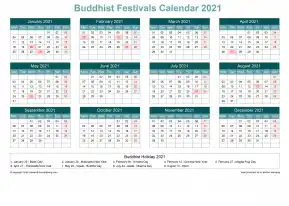 Calendar Horizintal Grid Sun Sat Buddhist Holiday A4 Landscape Cool Blue 2021