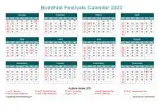 Calendar Horizintal Grid Sun Sat Buddhist Holiday A4 Landscape Cool Blue 2023