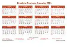Calendar Horizintal Grid Sun Sat Buddhist Holiday A4 Landscape Earth 2023