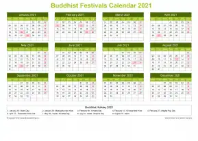 Calendar Horizintal Grid Sun Sat Buddhist Holiday A4 Landscape Natural 2021