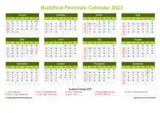 Calendar Horizintal Grid Sun Sat Buddhist Holiday A4 Landscape Natural 2023