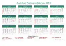 Calendar Horizintal Grid Sun Sat Buddhist Holiday A4 Landscape Watery Blue 2023