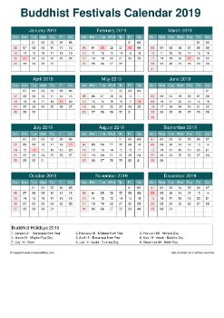 Calendar Horizintal Grid Sun Sat Buddhist Holiday A4 Cool Blue 2019