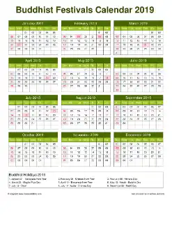 Calendar Horizintal Grid Sun Sat Buddhist Holiday A4 Natural 2019