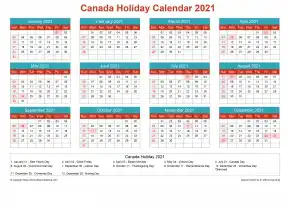 Calendar Horizintal Grid Sun Sat Canada Holiday Cheerful Bright Landscape 2021