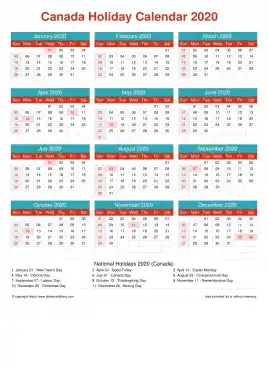 Calendar Horizintal Grid Sun Sat Canada Holiday Cheerful Bright Portrait 2020