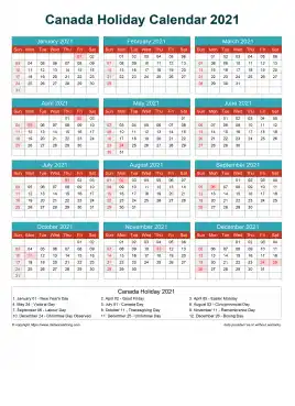 Calendar Horizintal Grid Sun Sat Canada Holiday Cheerful Bright Portrait 2021