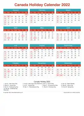 Calendar Horizintal Grid Sun Sat Canada Holiday Cheerful Bright Portrait 2022