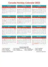 Calendar Horizintal Grid Sun Sat Canada Holiday Cheerful Bright Portrait 2023