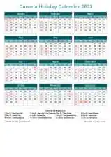 Calendar Horizintal Grid Sun Sat Canada Holiday Cool Blue Portrait 2023
