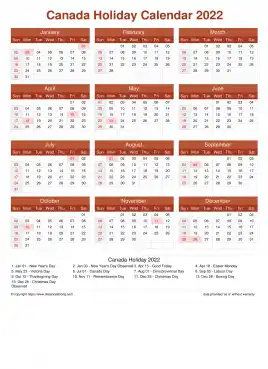Calendar Horizintal Grid Sun Sat Canada Holiday Earth Portrait 2022