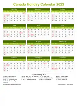 Calendar Horizintal Grid Sun Sat Canada Holiday Natural Portrait 2022