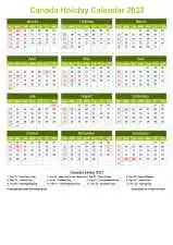 Calendar Horizintal Grid Sun Sat Canada Holiday Natural Portrait 2023
