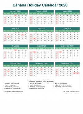 Calendar Horizintal Grid Sun Sat Canada Holiday Watery Blue Portrait 2020