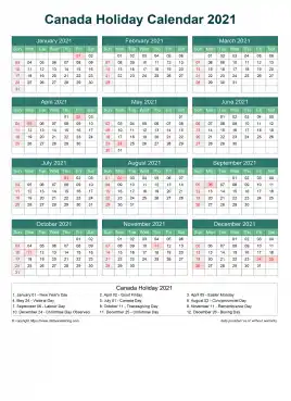Calendar Horizintal Grid Sun Sat Canada Holiday Watery Blue Portrait 2021