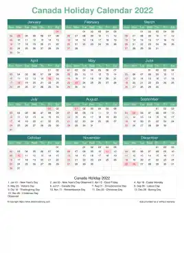 Calendar Horizintal Grid Sun Sat Canada Holiday Watery Blue Portrait 2022
