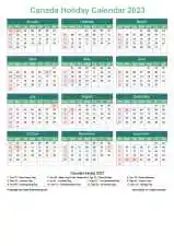 Calendar Horizintal Grid Sun Sat Canada Holiday Watery Blue Portrait 2023