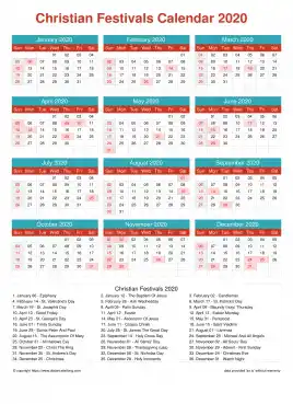 Calendar Horizintal Grid Sun Sat Christian Holiday A4 Cheerful Bright 2020