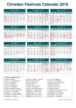 Calendar Horizintal Grid Sun Sat Christian Holiday A4 Cool Blue 2019