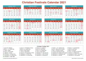 Calendar Horizintal Grid Sun Sat Christian Holiday A4 Landscape Cheerful Bright 2021