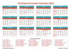 Calendar Horizintal Grid Sun Sat Christian Holiday A4 Landscape Cheerful Bright 2023