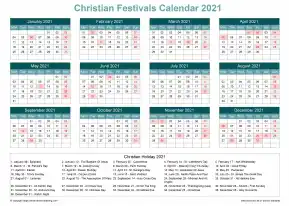 Calendar Horizintal Grid Sun Sat Christian Holiday A4 Landscape Cool Blue 2021