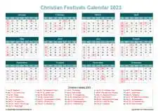 Calendar Horizintal Grid Sun Sat Christian Holiday A4 Landscape Cool Blue 2023