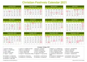 Calendar Horizintal Grid Sun Sat Christian Holiday A4 Landscape Natural 2021