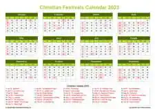 Calendar Horizintal Grid Sun Sat Christian Holiday A4 Landscape Natural 2023