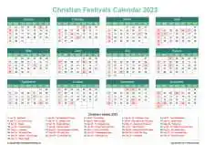 Calendar Horizintal Grid Sun Sat Christian Holiday A4 Landscape Watery Blue 2023