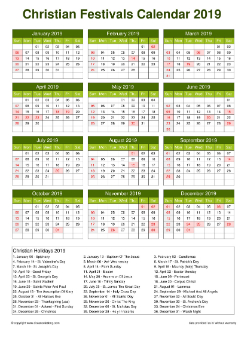 Calendar Horizintal Grid Sun Sat Christian Holiday A4 Natural 2019